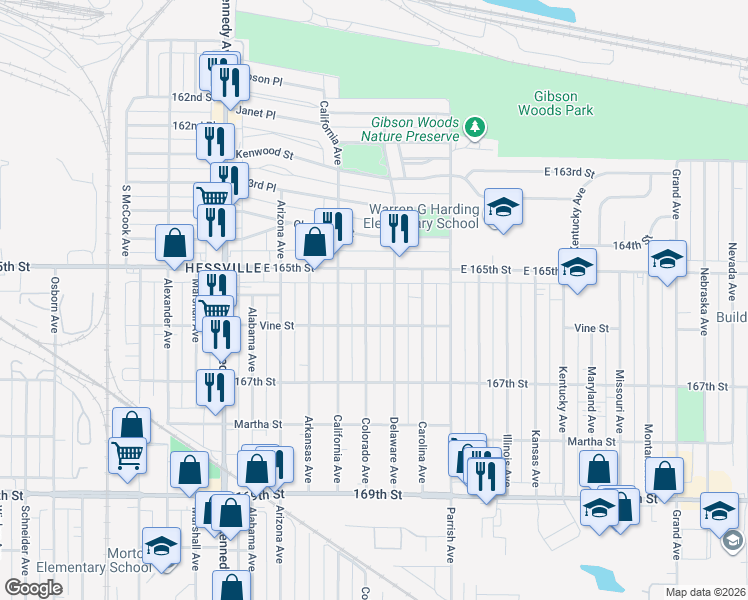 map of restaurants, bars, coffee shops, grocery stores, and more near 6511 Delaware Avenue in Hammond