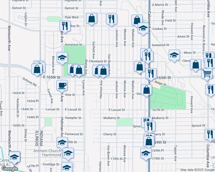 map of restaurants, bars, coffee shops, grocery stores, and more near 537 Florence Street in Hammond