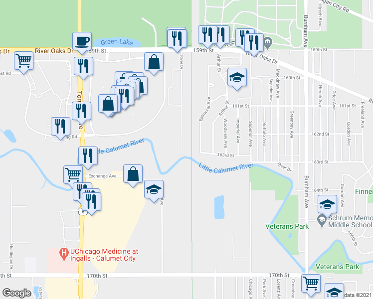 map of restaurants, bars, coffee shops, grocery stores, and more near 1376 River Drive in Calumet City