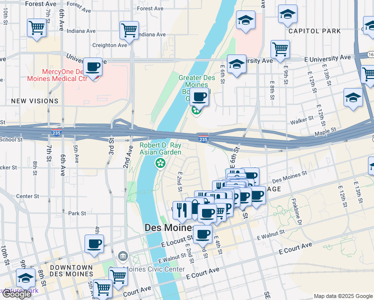 map of restaurants, bars, coffee shops, grocery stores, and more near East 6th Street in Des Moines