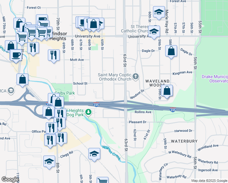 map of restaurants, bars, coffee shops, grocery stores, and more near 946 64th Street in Windsor Heights