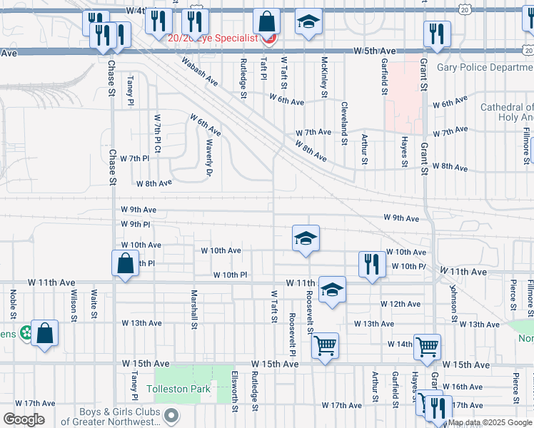 map of restaurants, bars, coffee shops, grocery stores, and more near 2301 West 9th Avenue in Gary