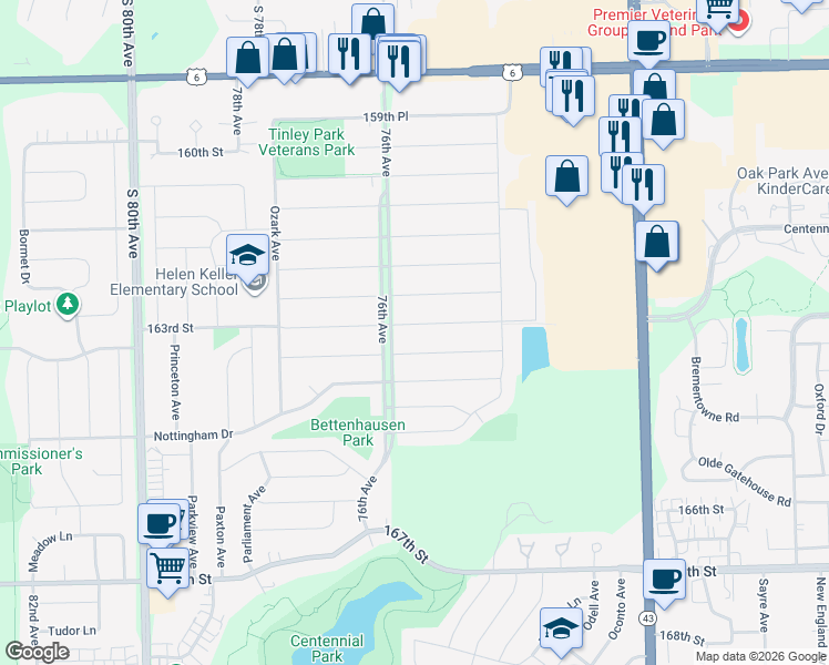 map of restaurants, bars, coffee shops, grocery stores, and more near 7528 163rd Street in Tinley Park