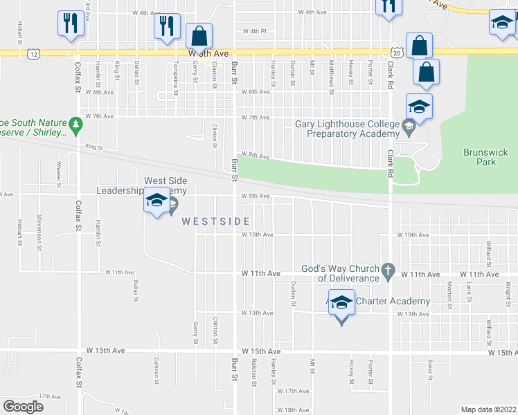 map of restaurants, bars, coffee shops, grocery stores, and more near 929 Ralston Street in Gary