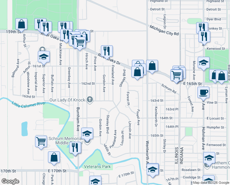 map of restaurants, bars, coffee shops, grocery stores, and more near 1375 Freeland Avenue in Calumet City