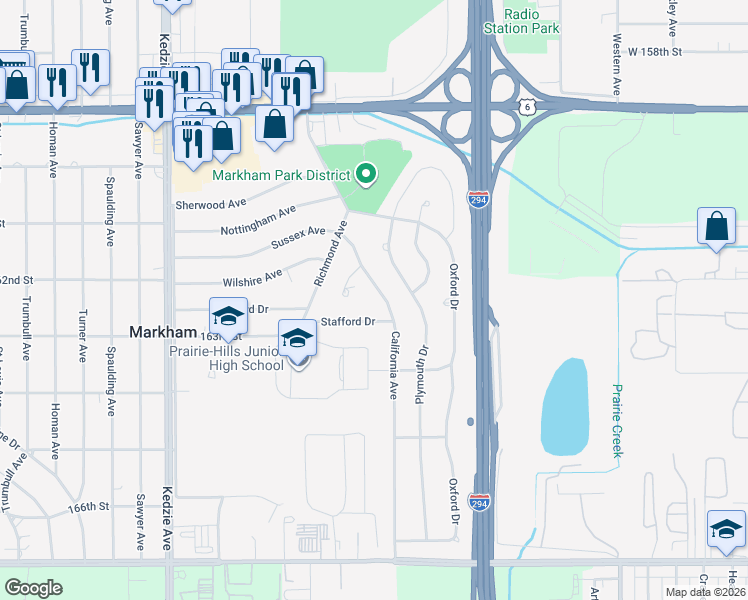map of restaurants, bars, coffee shops, grocery stores, and more near 16228 Sussex Avenue in Markham