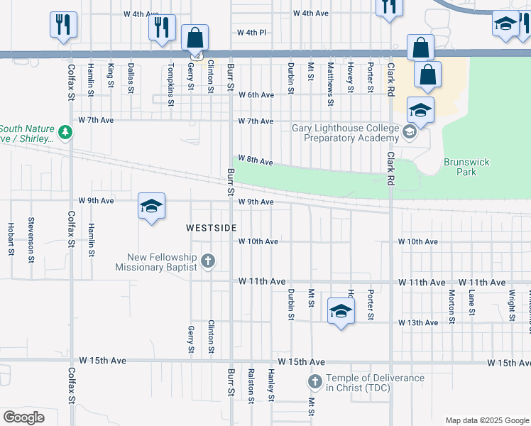 map of restaurants, bars, coffee shops, grocery stores, and more near 5231 West 9th Avenue in Gary