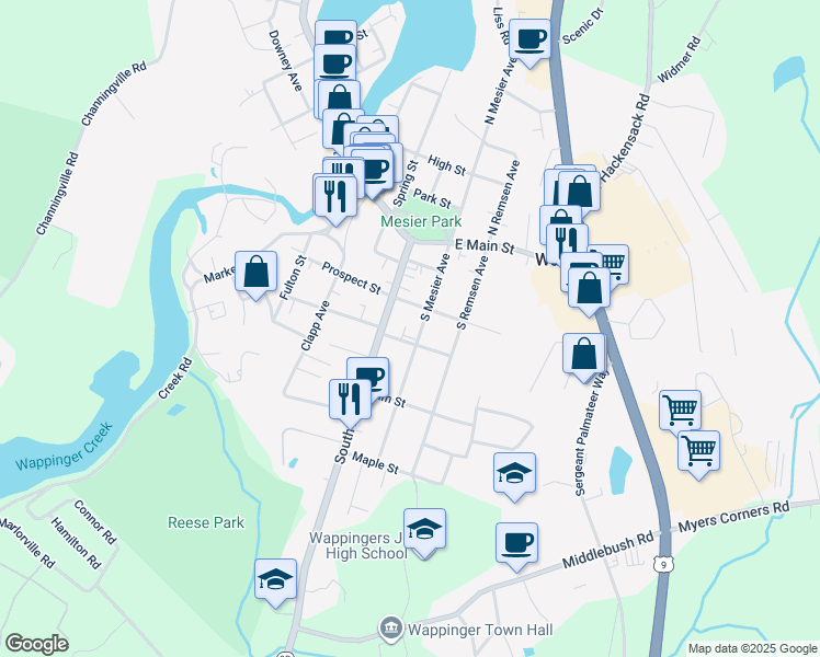 map of restaurants, bars, coffee shops, grocery stores, and more near 30 South Mesier Avenue in Wappingers Falls
