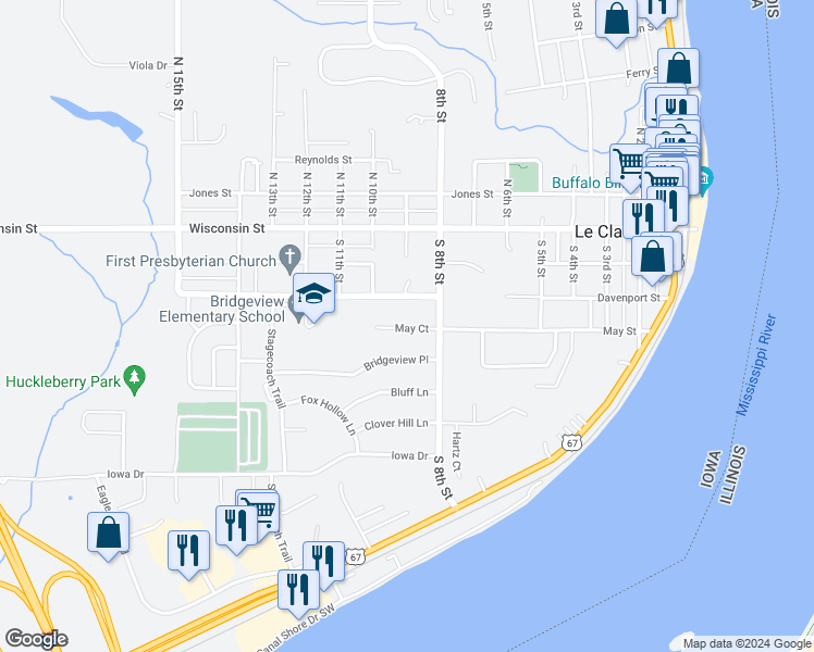 map of restaurants, bars, coffee shops, grocery stores, and more near 809 May Court in Le Claire