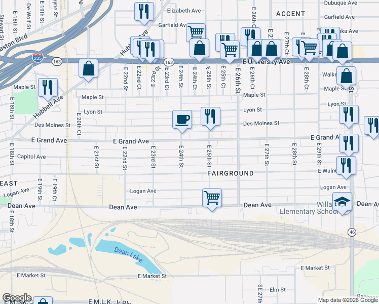 map of restaurants, bars, coffee shops, grocery stores, and more near 2433 East Grand Avenue in Des Moines
