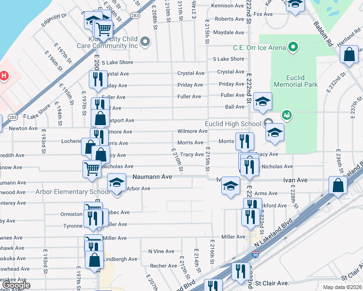 map of restaurants, bars, coffee shops, grocery stores, and more near 21100 Morris Avenue in Euclid