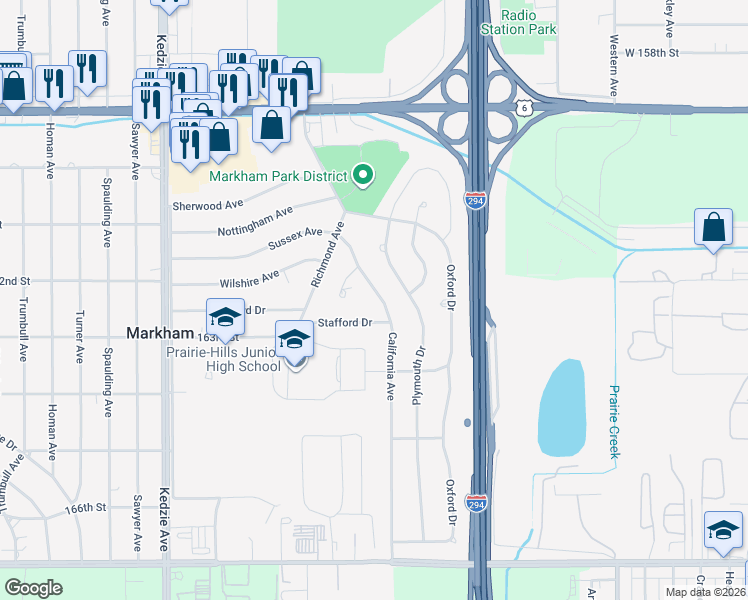map of restaurants, bars, coffee shops, grocery stores, and more near 16228 Sussex Avenue in Markham