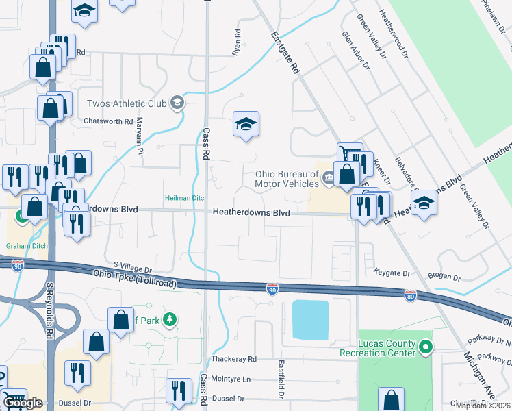 map of restaurants, bars, coffee shops, grocery stores, and more near 4660 Heatherdowns Boulevard in Toledo