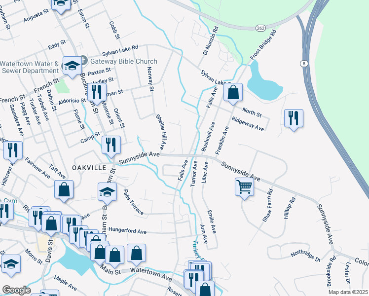 map of restaurants, bars, coffee shops, grocery stores, and more near 14 Edgewood Road in Watertown