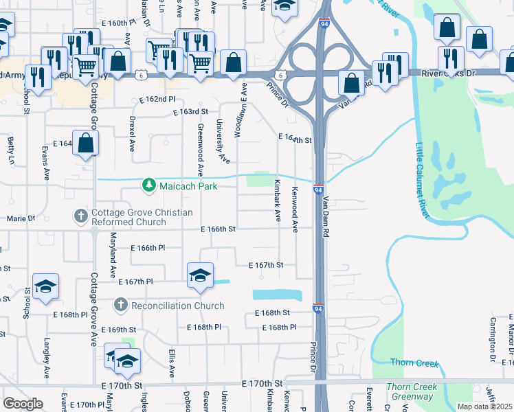 map of restaurants, bars, coffee shops, grocery stores, and more near 1201 East 165th Street in South Holland