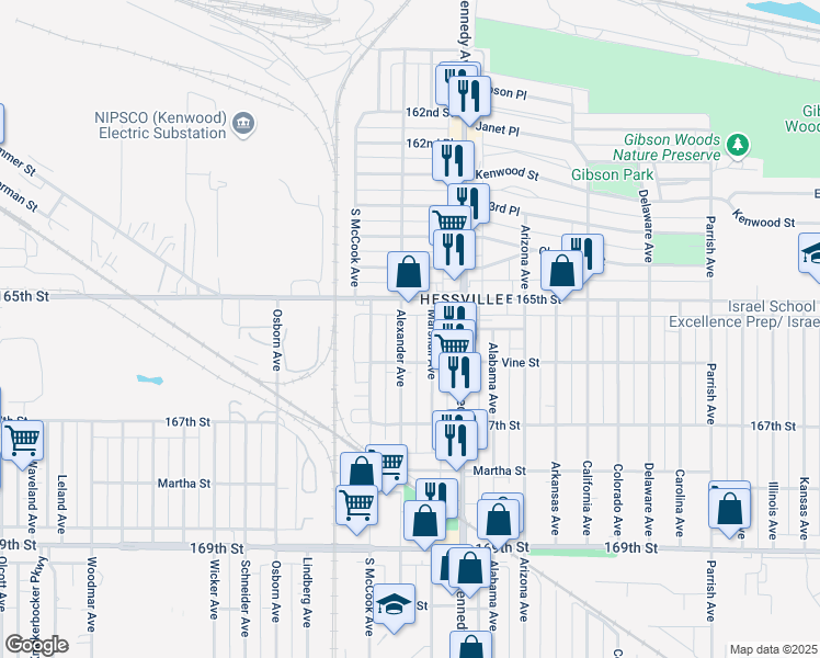 map of restaurants, bars, coffee shops, grocery stores, and more near 6517 Alexander Avenue in Hammond