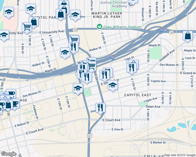 map of restaurants, bars, coffee shops, grocery stores, and more near 1501 Des Moines Street in Des Moines