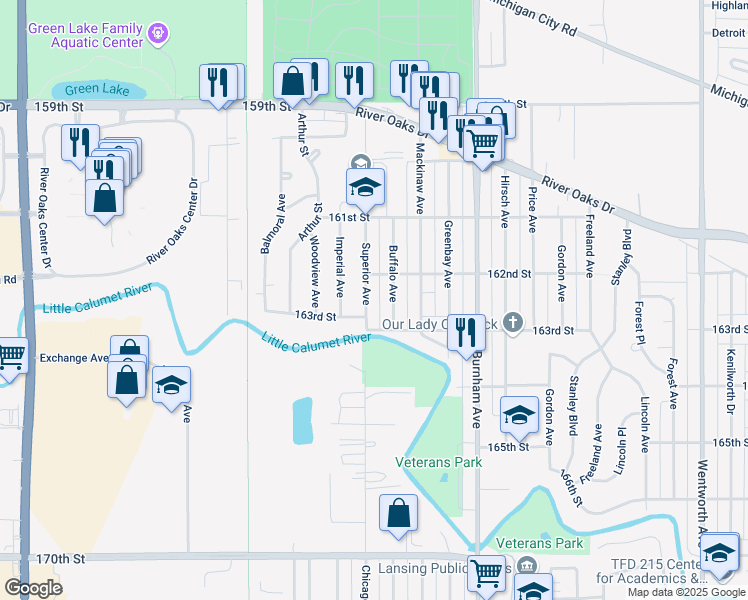 map of restaurants, bars, coffee shops, grocery stores, and more near 1376 Superior Avenue in Calumet City