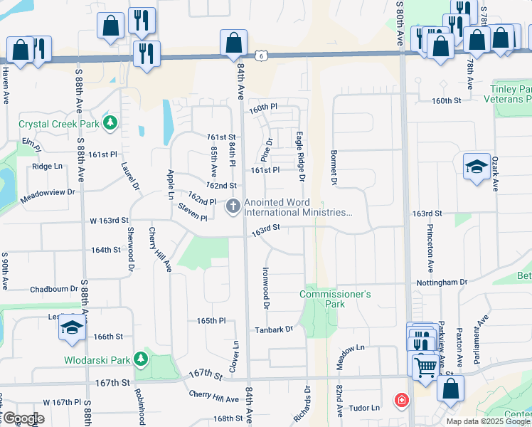 map of restaurants, bars, coffee shops, grocery stores, and more near 8325 162nd Place in Tinley Park