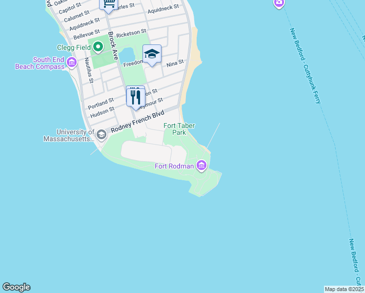 map of restaurants, bars, coffee shops, grocery stores, and more near 1000 South Rodney French Boulevard in New Bedford