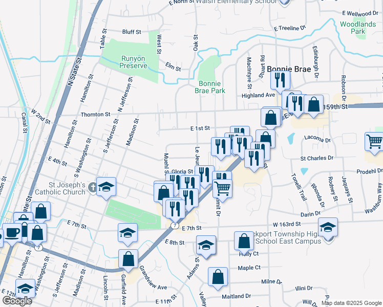 map of restaurants, bars, coffee shops, grocery stores, and more near 149 Le Jeune Avenue in Lockport