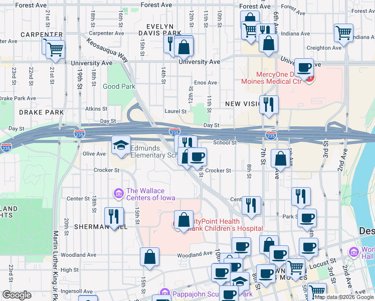 map of restaurants, bars, coffee shops, grocery stores, and more near 1212 School Street in Des Moines