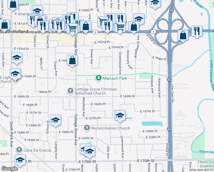 map of restaurants, bars, coffee shops, grocery stores, and more near 16533 Ellis Avenue in South Holland