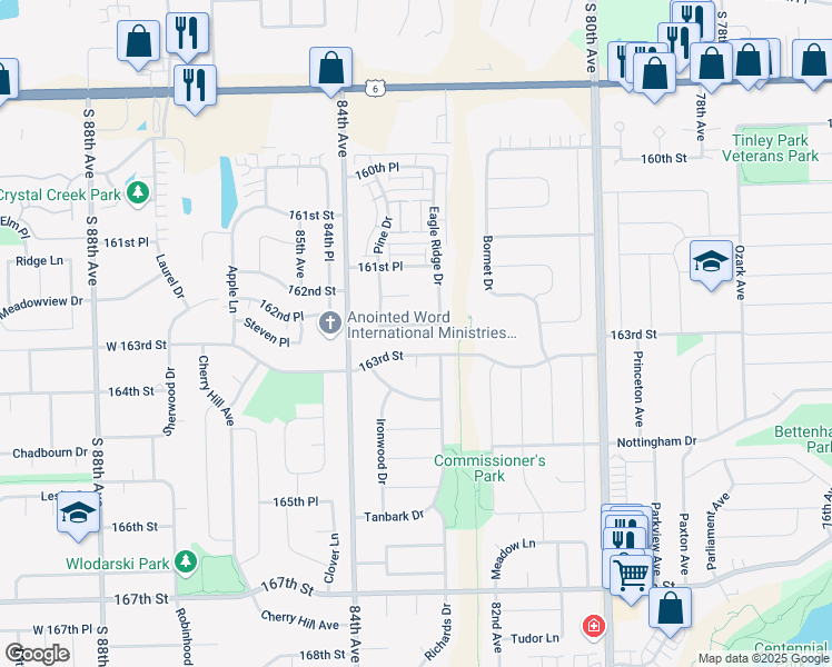 map of restaurants, bars, coffee shops, grocery stores, and more near 8255 162nd Place in Tinley Park