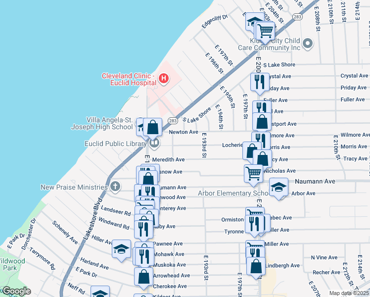 map of restaurants, bars, coffee shops, grocery stores, and more near 19026 Locherie Avenue in Euclid