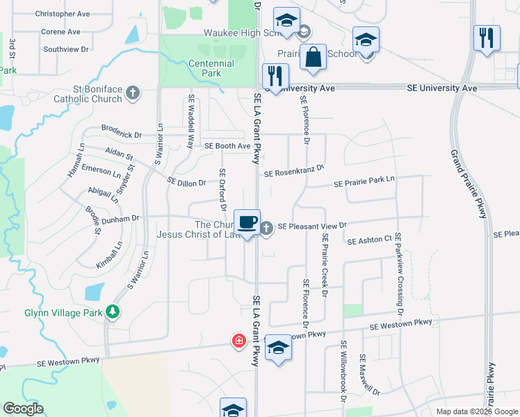 map of restaurants, bars, coffee shops, grocery stores, and more near 1720 Southeast LA Grant Parkway in Waukee