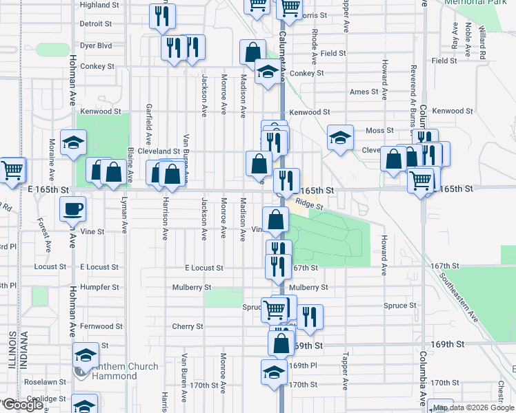 map of restaurants, bars, coffee shops, grocery stores, and more near in Hammond