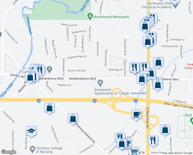 map of restaurants, bars, coffee shops, grocery stores, and more near 5546 Heatherdowns Boulevard in Toledo