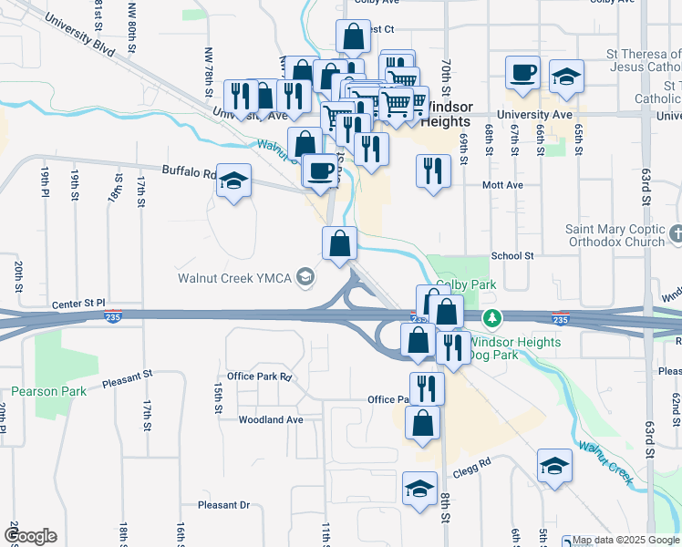 map of restaurants, bars, coffee shops, grocery stores, and more near 980 73rd Street in Windsor Heights