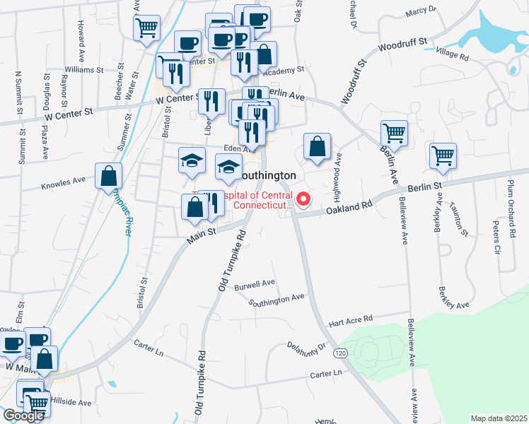 map of restaurants, bars, coffee shops, grocery stores, and more near 289 Main Street in Southington