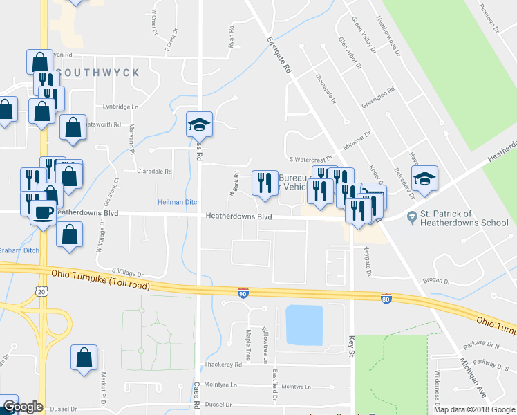 map of restaurants, bars, coffee shops, grocery stores, and more near 2429 South Park Lane in Toledo
