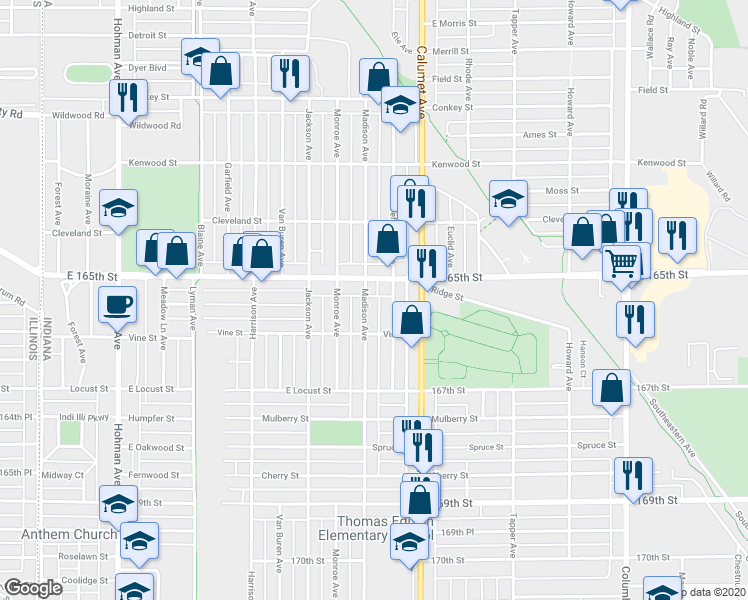 map of restaurants, bars, coffee shops, grocery stores, and more near 6520 Madison Avenue in Hammond