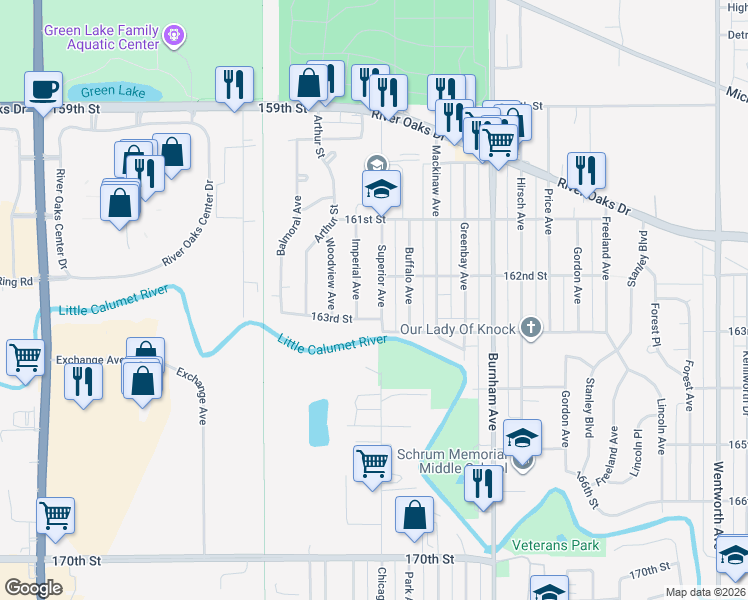 map of restaurants, bars, coffee shops, grocery stores, and more near 1376 Superior Avenue in Calumet City