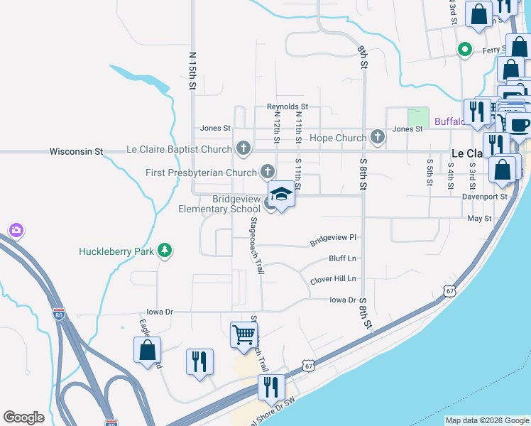map of restaurants, bars, coffee shops, grocery stores, and more near 1200-1270 Davenport Street in Le Claire