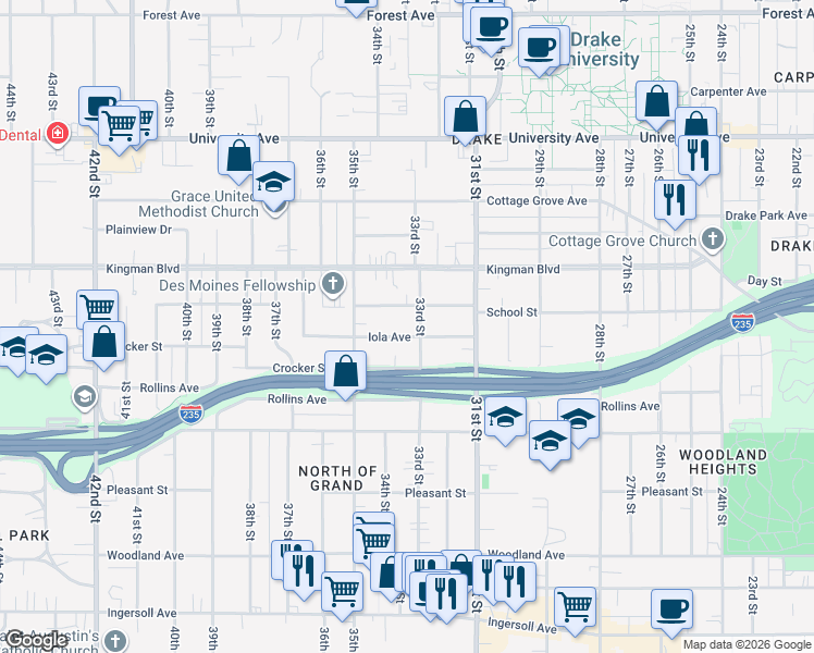 map of restaurants, bars, coffee shops, grocery stores, and more near 945 33rd Street in Des Moines