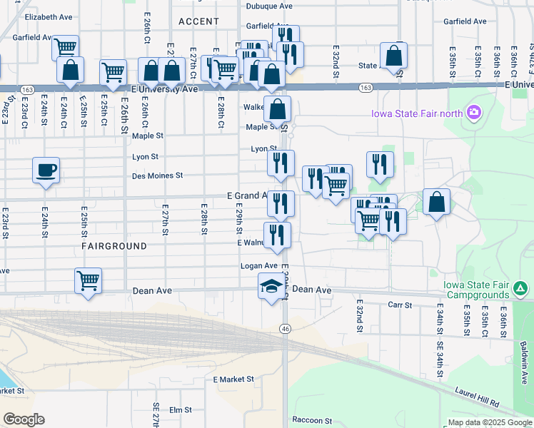 map of restaurants, bars, coffee shops, grocery stores, and more near 2932 Capitol Ave in Des Moines