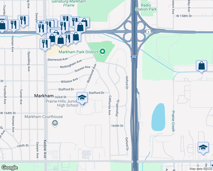 map of restaurants, bars, coffee shops, grocery stores, and more near 16228 Sussex Ave in Markham