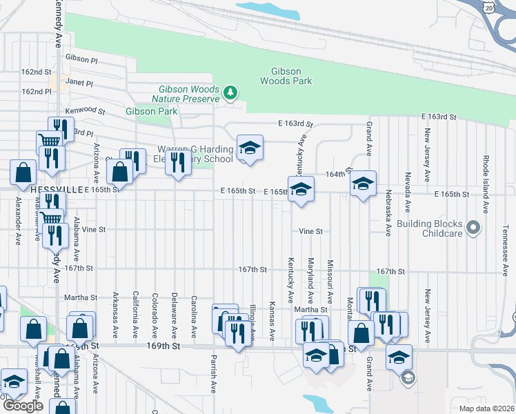 map of restaurants, bars, coffee shops, grocery stores, and more near 6516 Kansas Ave in Hammond