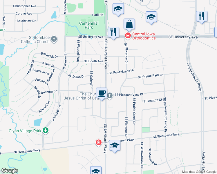 map of restaurants, bars, coffee shops, grocery stores, and more near 1720 Southeast LA Grant Parkway in Waukee