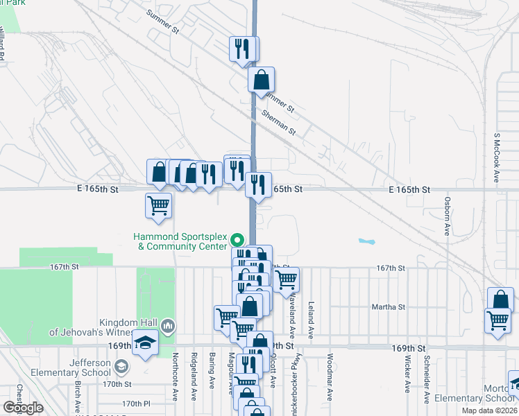 map of restaurants, bars, coffee shops, grocery stores, and more near 6525 Indpls Boulevard in Hammond