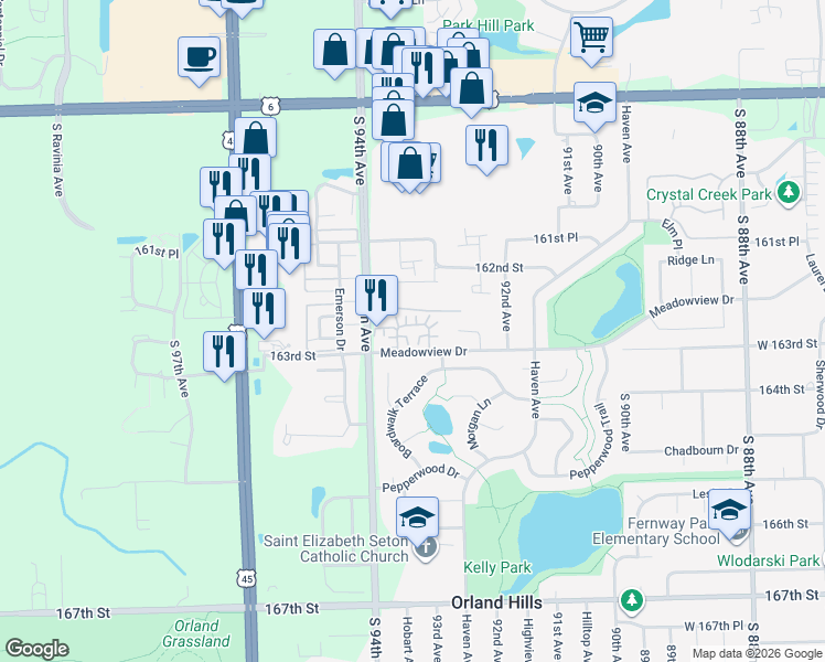 map of restaurants, bars, coffee shops, grocery stores, and more near 9290 Meadowview Drive in Tinley Park