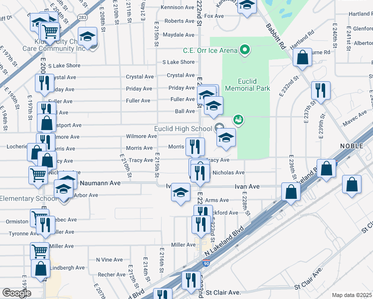 map of restaurants, bars, coffee shops, grocery stores, and more near 22000 Morris Avenue in Euclid