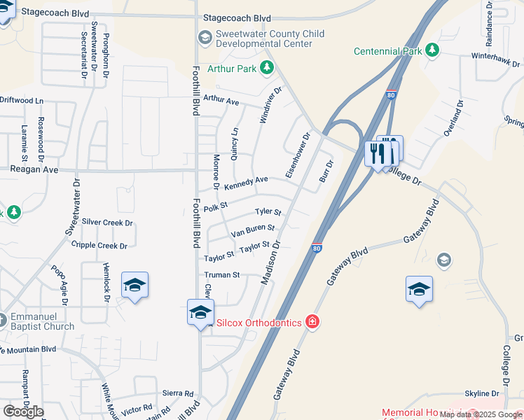 map of restaurants, bars, coffee shops, grocery stores, and more near 221 Tyler Street in Rock Springs