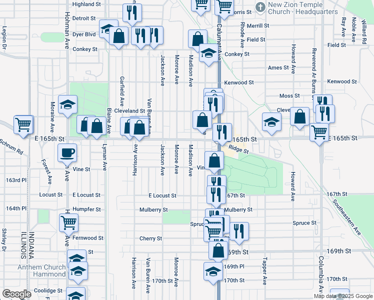 map of restaurants, bars, coffee shops, grocery stores, and more near 6520 Madison Avenue in Hammond