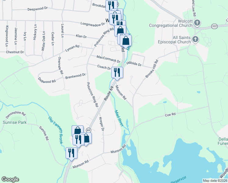 map of restaurants, bars, coffee shops, grocery stores, and more near 566 Wolcott Road in Wolcott