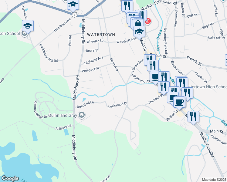 map of restaurants, bars, coffee shops, grocery stores, and more near 88 Atwood Street in Watertown